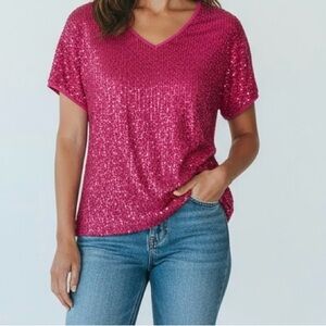 Savanna Jane Fuchsia Sequin Short Sleeve Top